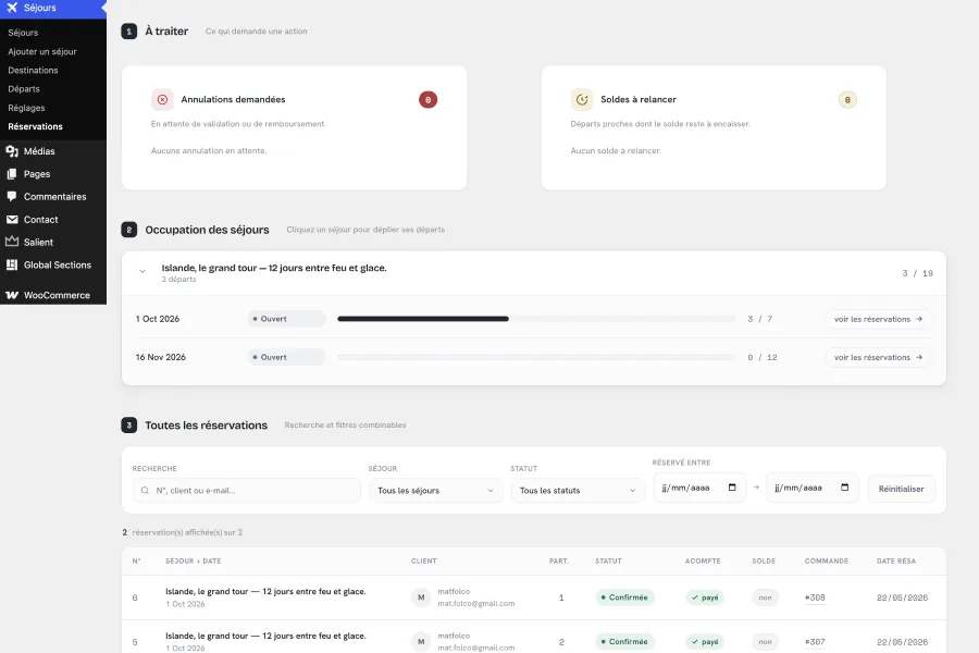 Capture d'écran de l'interface d'administration de La Vagabonde